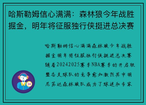 哈斯勒姆信心满满:森林狼今年战胜掘金,明年将征服独行侠挺进总决赛