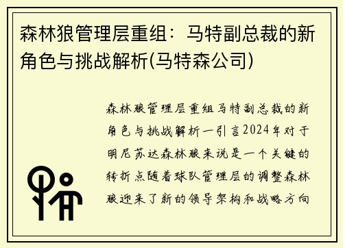 森林狼管理层重组:马特副总裁的新角色与挑战解析(马特森公司)