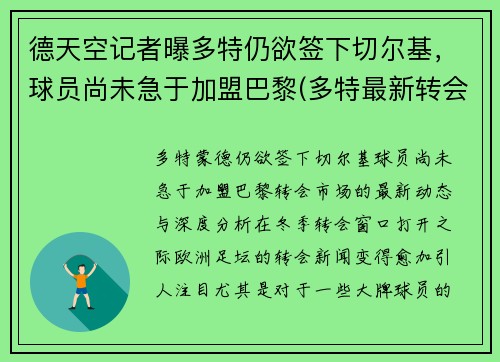德天空记者曝多特仍欲签下切尔基，球员尚未急于加盟巴黎(多特最新转会)